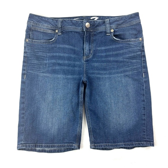 Seven 7 Med Midrise Wash Embroider Faded Whiskered Stretch Denim Shorts Size 12 - Picture 2 of 10